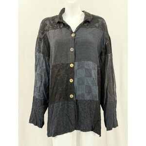 Citron Santa Monica Top Womens XL Black Blue Patchwork Button Up Tunic Artsy